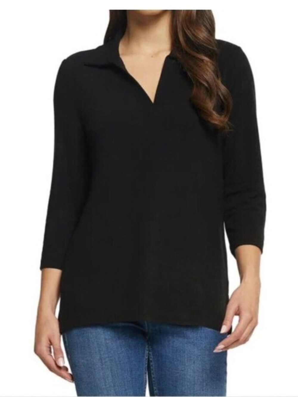 Matty M Womens Trendy Dressy 3/4 Sleeves Top Large Black Collared Shirt